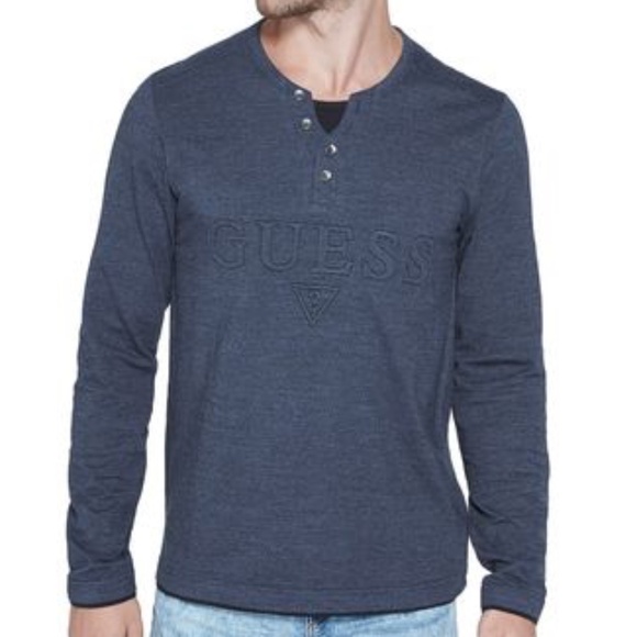 GUESS Reese Logo Marled Henley Long Sleeve Shirt - Picture 1 of 5